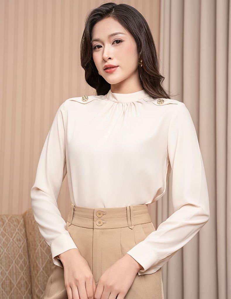 Áo sơ mi nữ dài tay cổ cao nhún