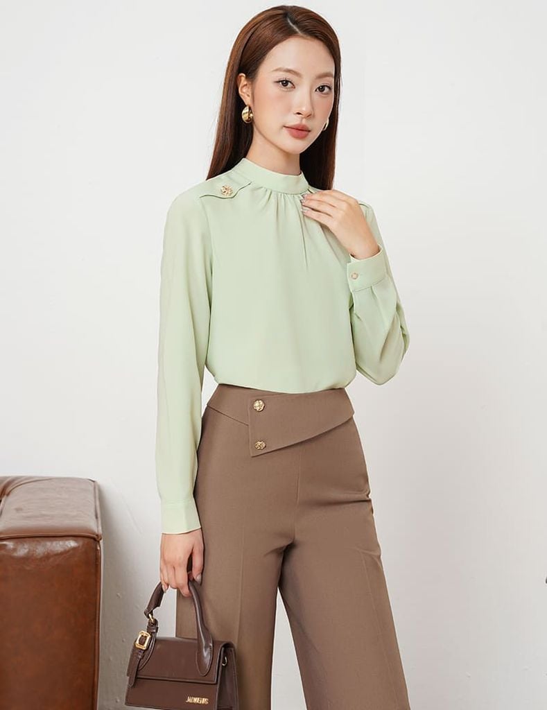 Áo sơ mi nữ dài tay cổ cao nhún
