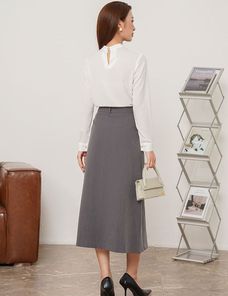 Áo sơ mi nữ dài tay cổ cao nhún