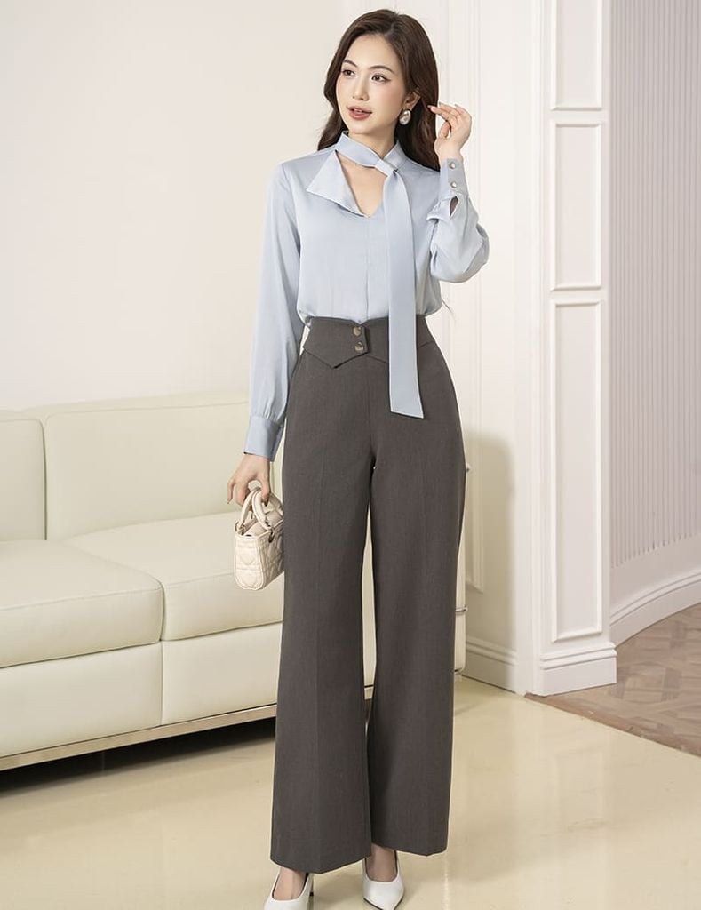 Quần âu nữ ống suông cạp thân trước cách điệu