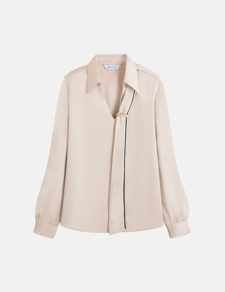 Áo sơ mi dài tay nữ cổ cài ghim trang trí