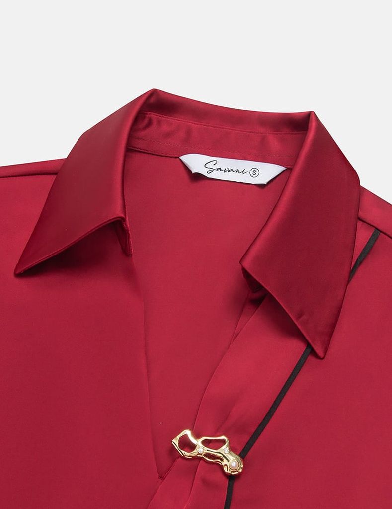 Áo sơ mi dài tay nữ cổ cài ghim trang trí