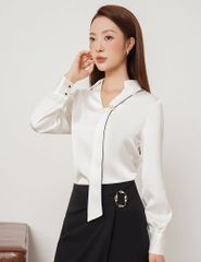 Áo sơ mi dài tay nữ cổ cài ghim trang trí