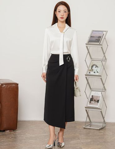 Áo sơ mi dài tay nữ cổ cài ghim trang trí