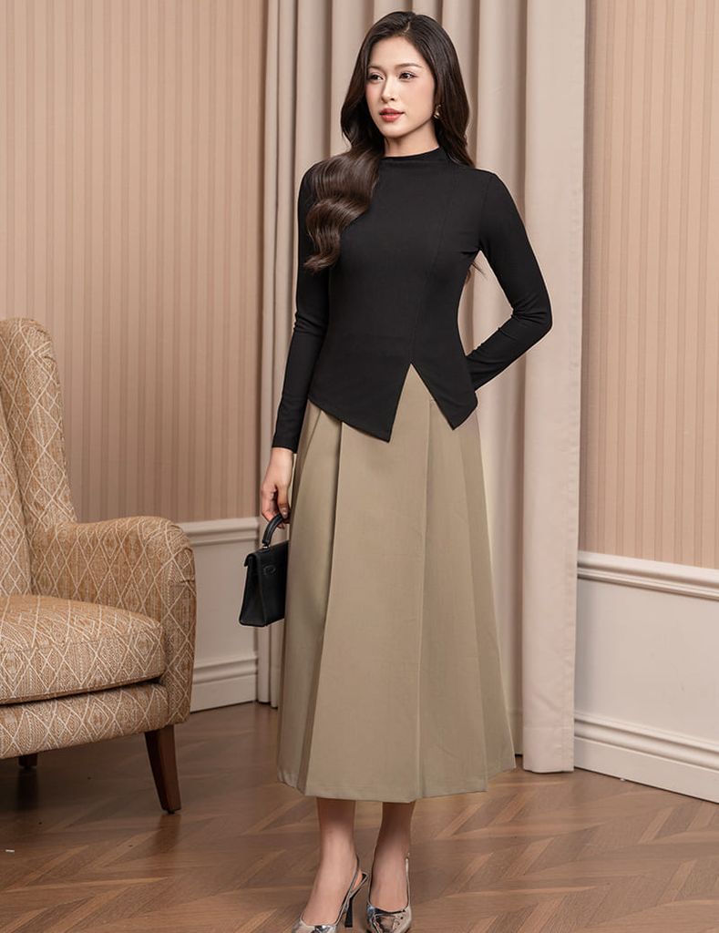 Áo thun nữ dài tay cổ cao gấu chéo cách điệu