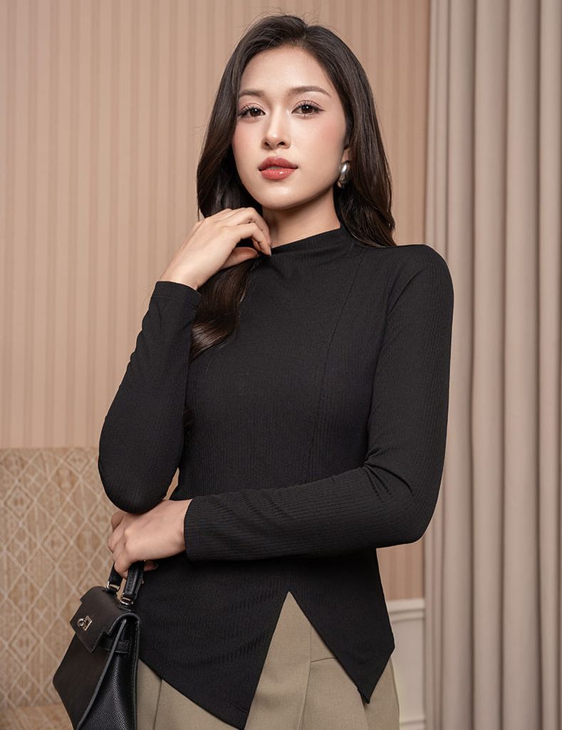 Áo thun nữ dài tay cổ cao gấu chéo cách điệu