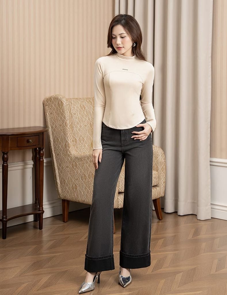 Quần jean nữ ông suông cuốn gấu