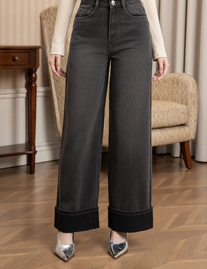 Quần jean nữ ông suông cuốn gấu