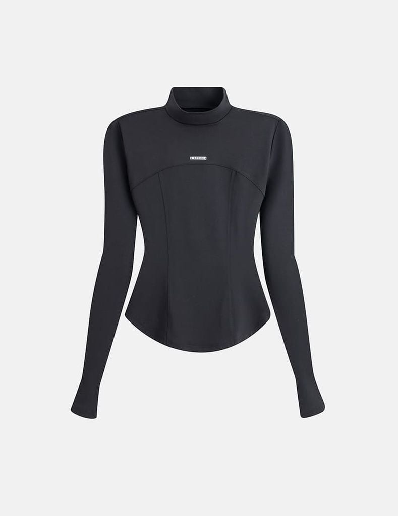 Áo thun dài tay nữ cổ cao in logo trước ngực