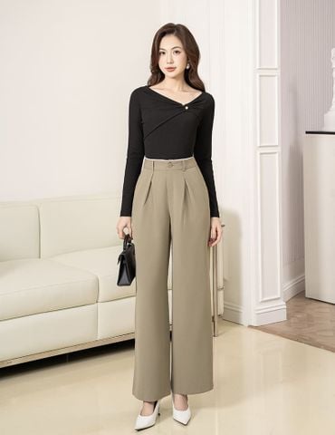 Quần âu nữ ống suông cạp kẹp lé