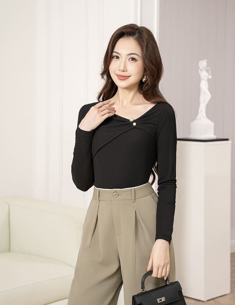 Quần âu nữ ống suông cạp kẹp lé