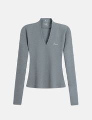 Áo thun dài tay nữ cổ V thêu logo trước ngực