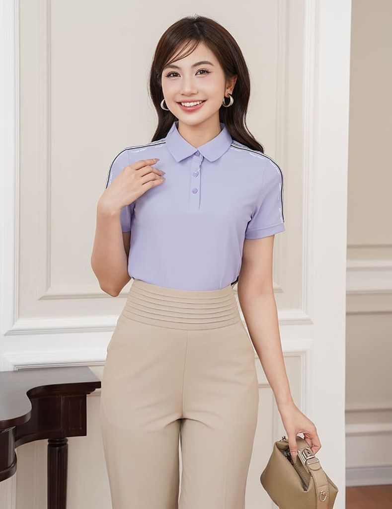 Áo polo nữ ngắn tay thể thao tay vai in dọc