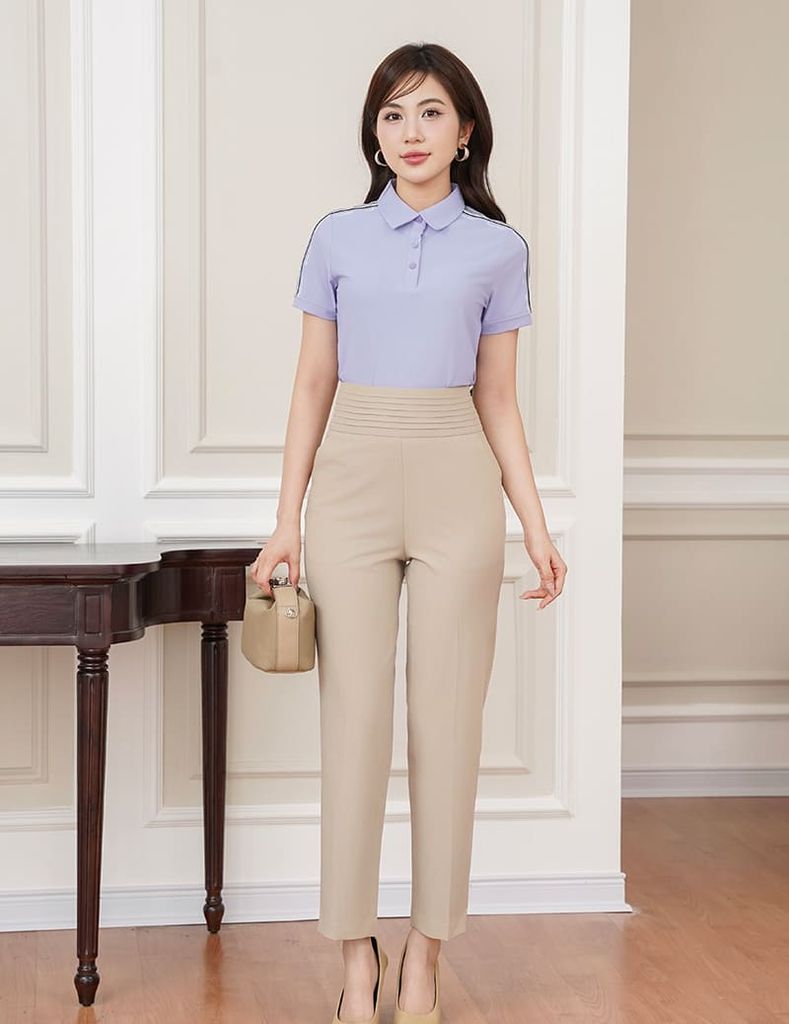 Áo polo nữ ngắn tay thể thao tay vai in dọc