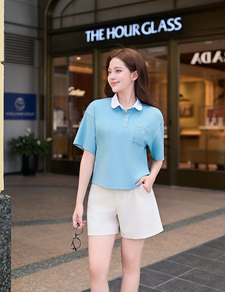 Áo polo ngắn tay nữ cổ phối kẹp ren