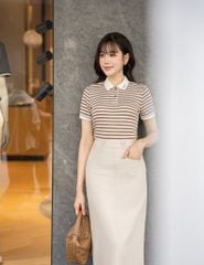Áo polo ngắn tay nữ kẻ ngang bản cổ thêu logo
