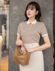 Áo polo ngắn tay nữ kẻ ngang bản cổ thêu logo