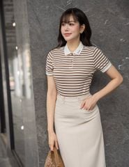 Áo polo ngắn tay nữ kẻ ngang bản cổ thêu logo