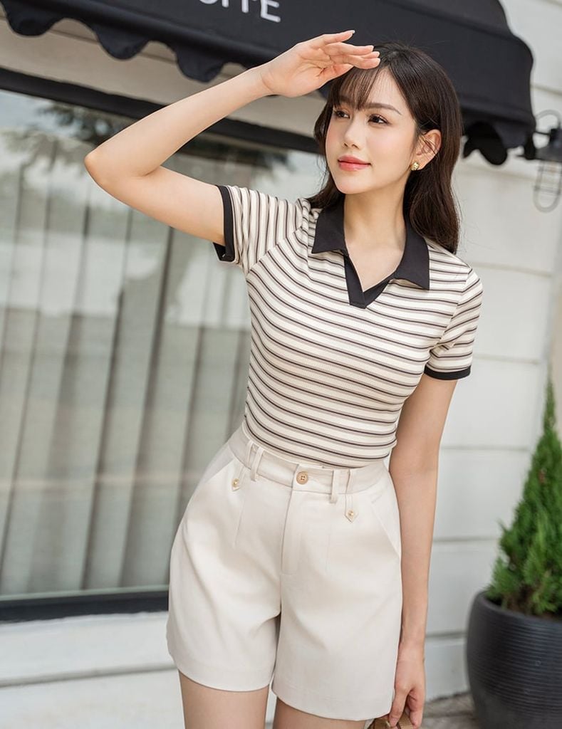 Áo polo ngắn tay nữ kẻ ngang phối