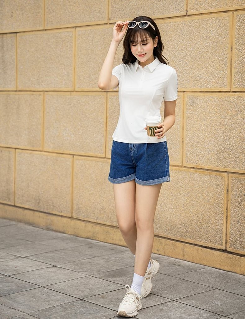 Áo polo ngắn tay nữ in dọc 2 bên tay