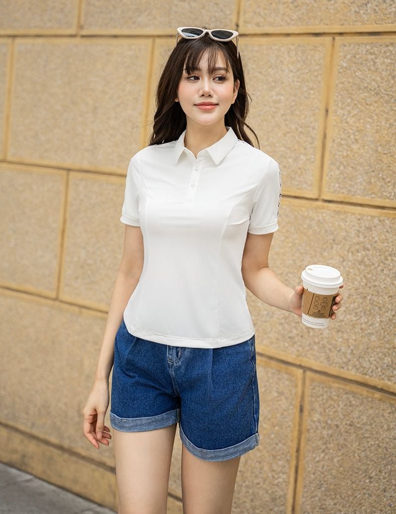 Áo polo ngắn tay nữ in dọc 2 bên tay
