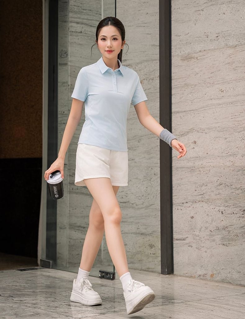 Áo polo nữ ngắn tay thể thao ngực in