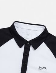 Áo polo nữ tay raglang phối ngực in
