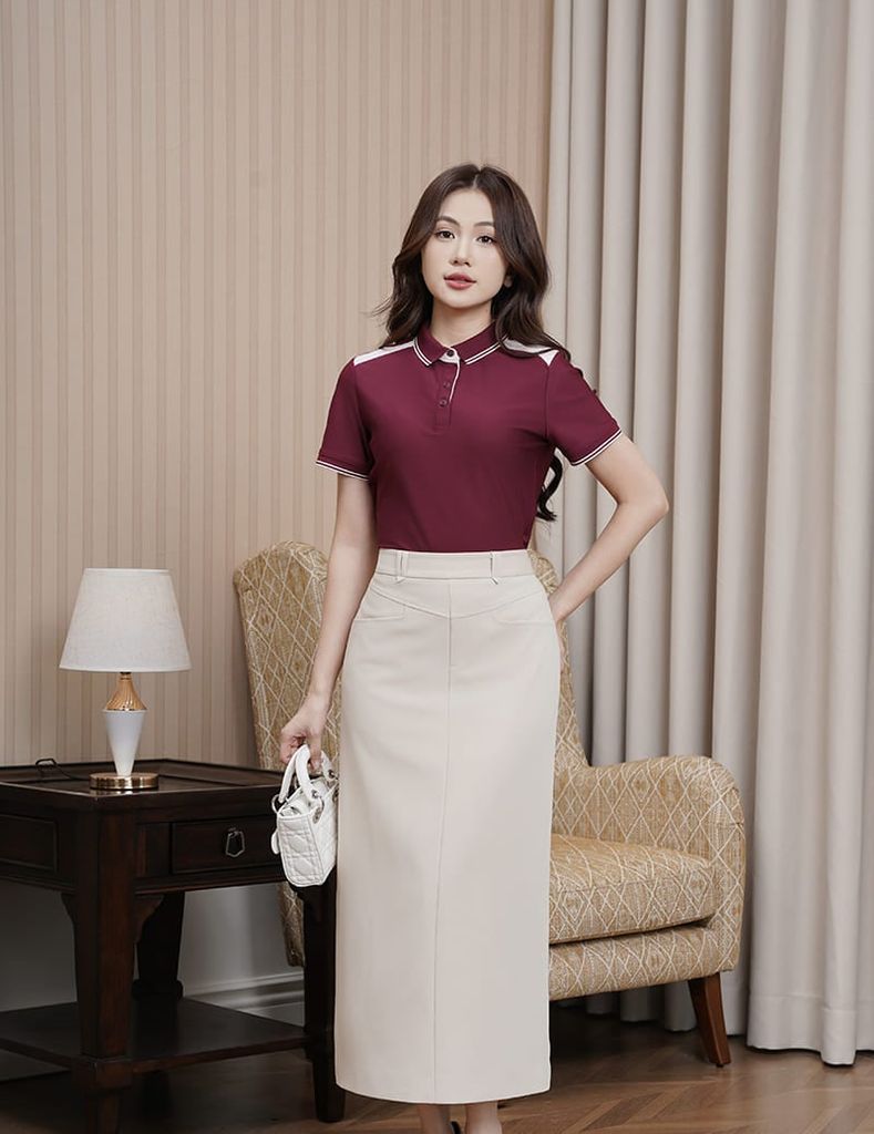 Áo polo ngắn tay nữ thêu logo tay phối nẹp