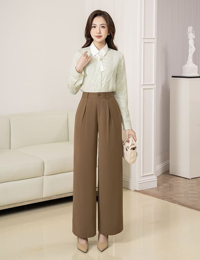 Quần âu nữ ống suông cạp kẹp lé