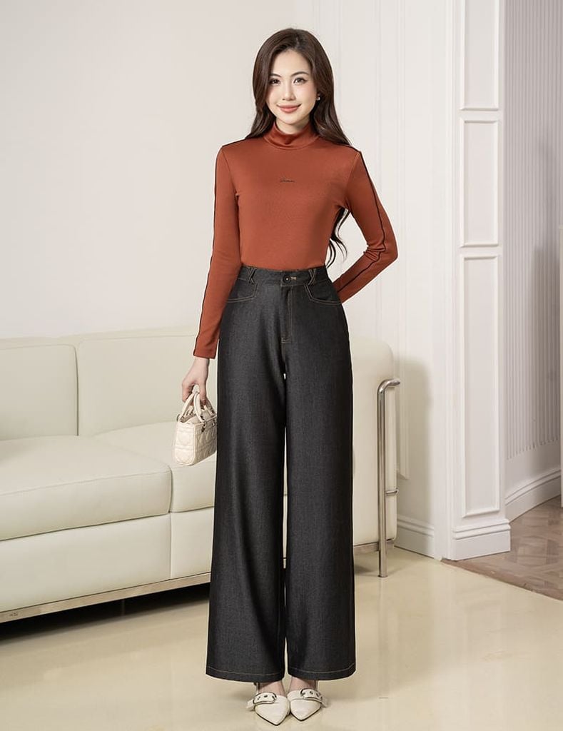 Quần jean nữ ống rộng cạp may đỉa chéo