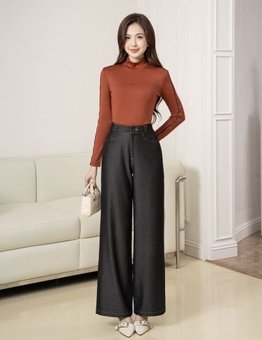 Quần jean nữ ống rộng cạp may đỉa chéo