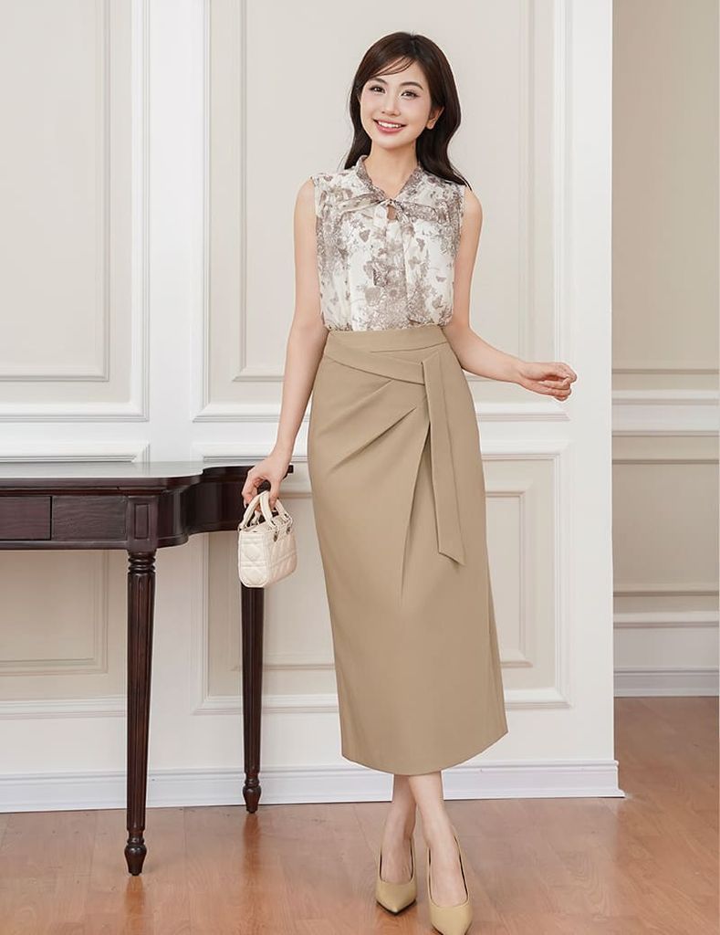 Áo sơ mi ngắn tay nữ cổ V buộc nơ