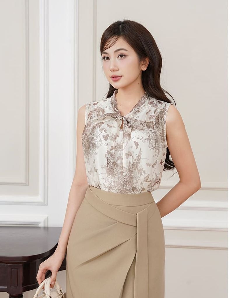 Áo sơ mi ngắn tay nữ cổ V buộc nơ
