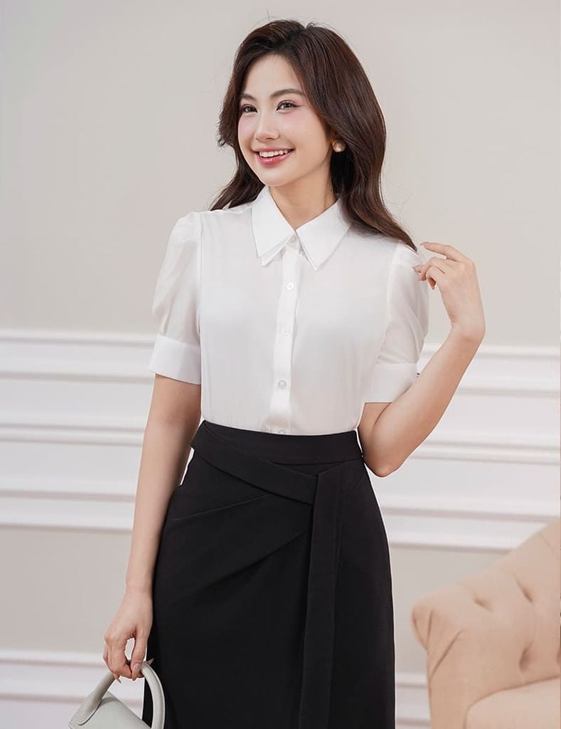 Áo sơ mi nữ ngắn tay cổ hai lớp