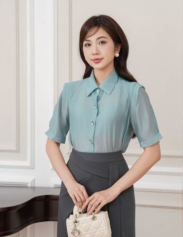Áo sơ mi ngắn tay nữ vai xếp ly