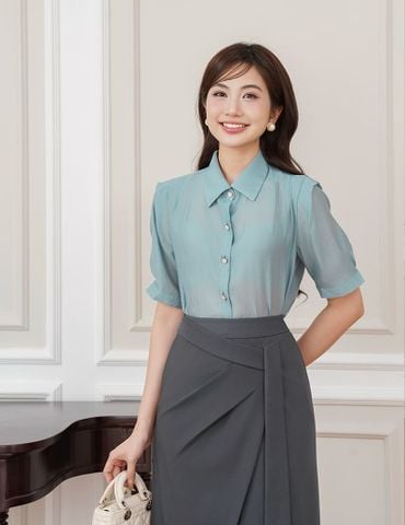 Áo sơ mi ngắn tay nữ vai xếp ly