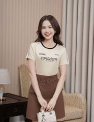 Áo T-shirt nữ phối lé vải dọc vai hình in trước ngực
