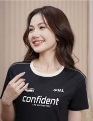 Áo T-shirt nữ phối lé vải dọc vai hình in trước ngực