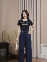 Áo T-shirt nữ phối lé vải dọc vai hình in trước ngực