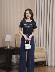 Áo T-shirt nữ phối lé vải dọc vai hình in trước ngực