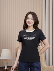 Áo T-shirt nữ phối lé vải dọc vai hình in trước ngực