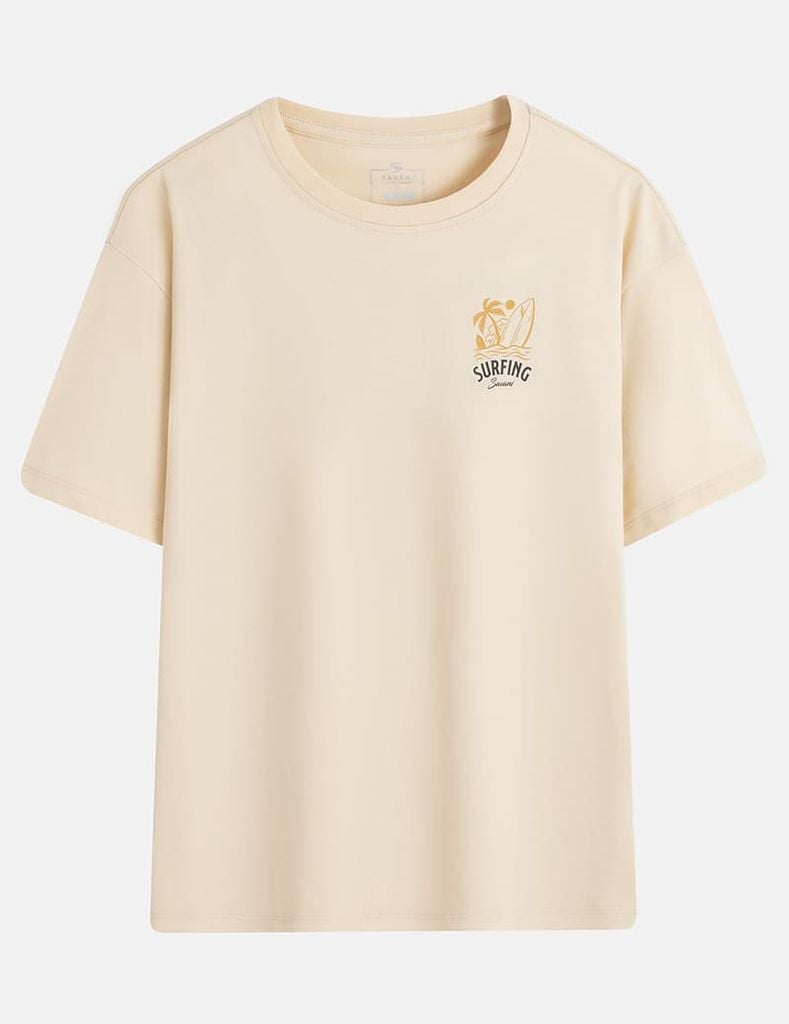 Áo thun ngắn tay cổ tròn nữ hình in trước ngực dáng suông rộng