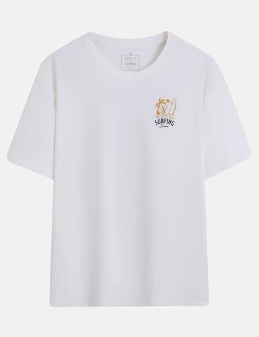 Áo thun ngắn tay cổ tròn nữ hình in trước ngực dáng suông rộng