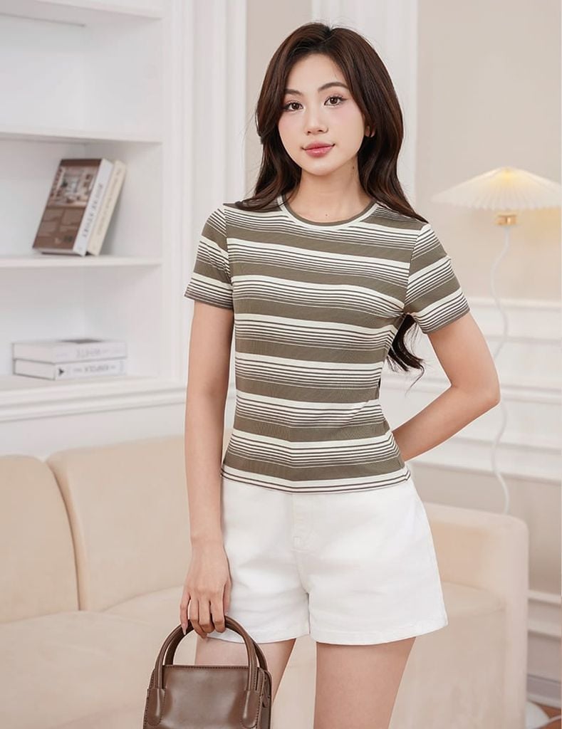 Áo thun ngắn tay cổ tròn nữ kẻ ngang