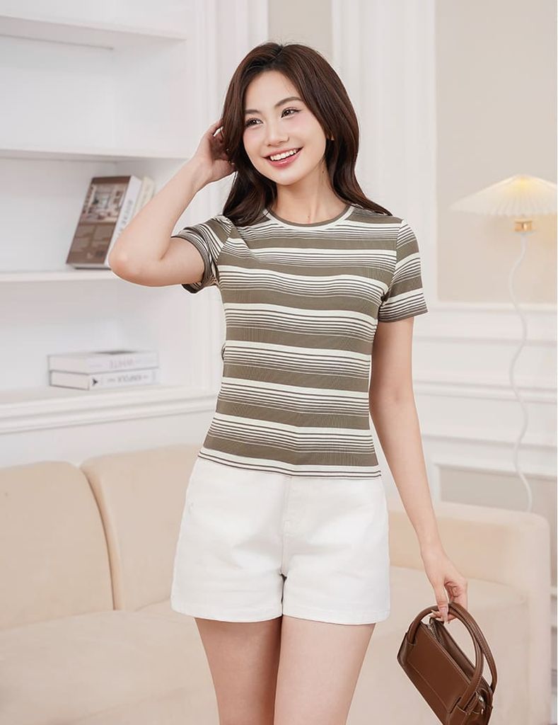 Áo thun ngắn tay cổ tròn nữ kẻ ngang