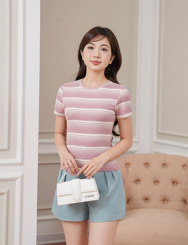 Áo thun ngắn tay cổ tròn nữ kẻ ngang