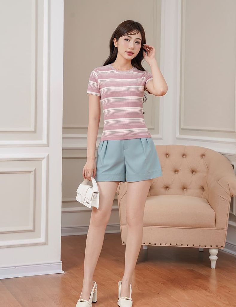 Áo thun ngắn tay cổ tròn nữ kẻ ngang