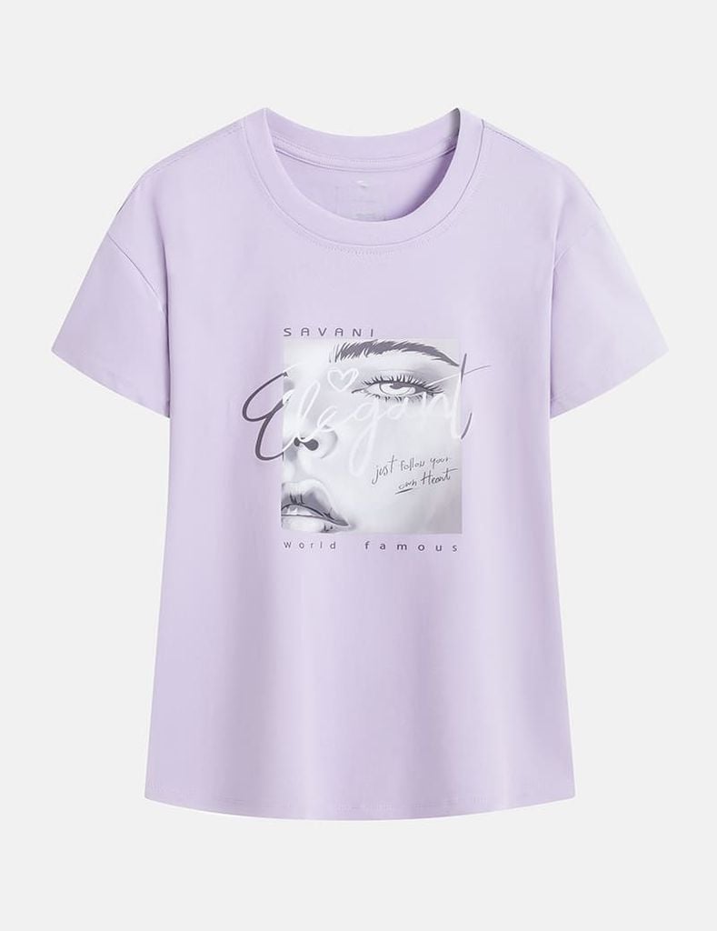 Áo T-shirt nữ ngắn tay cổ tròn hình in trước