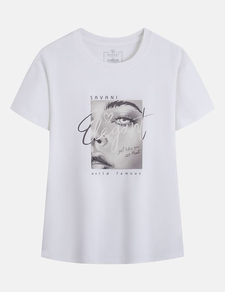 Áo T-shirt nữ ngắn tay cổ tròn hình in trước