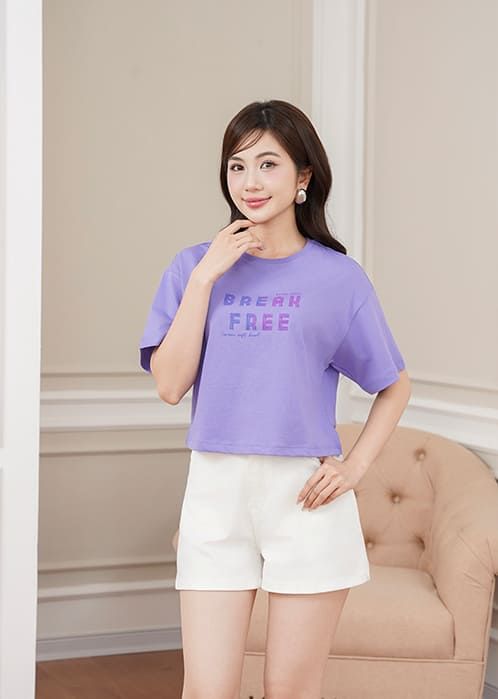 Áo t-shirt ngắn tay cổ tròn nữ croptop hình in trước ngực